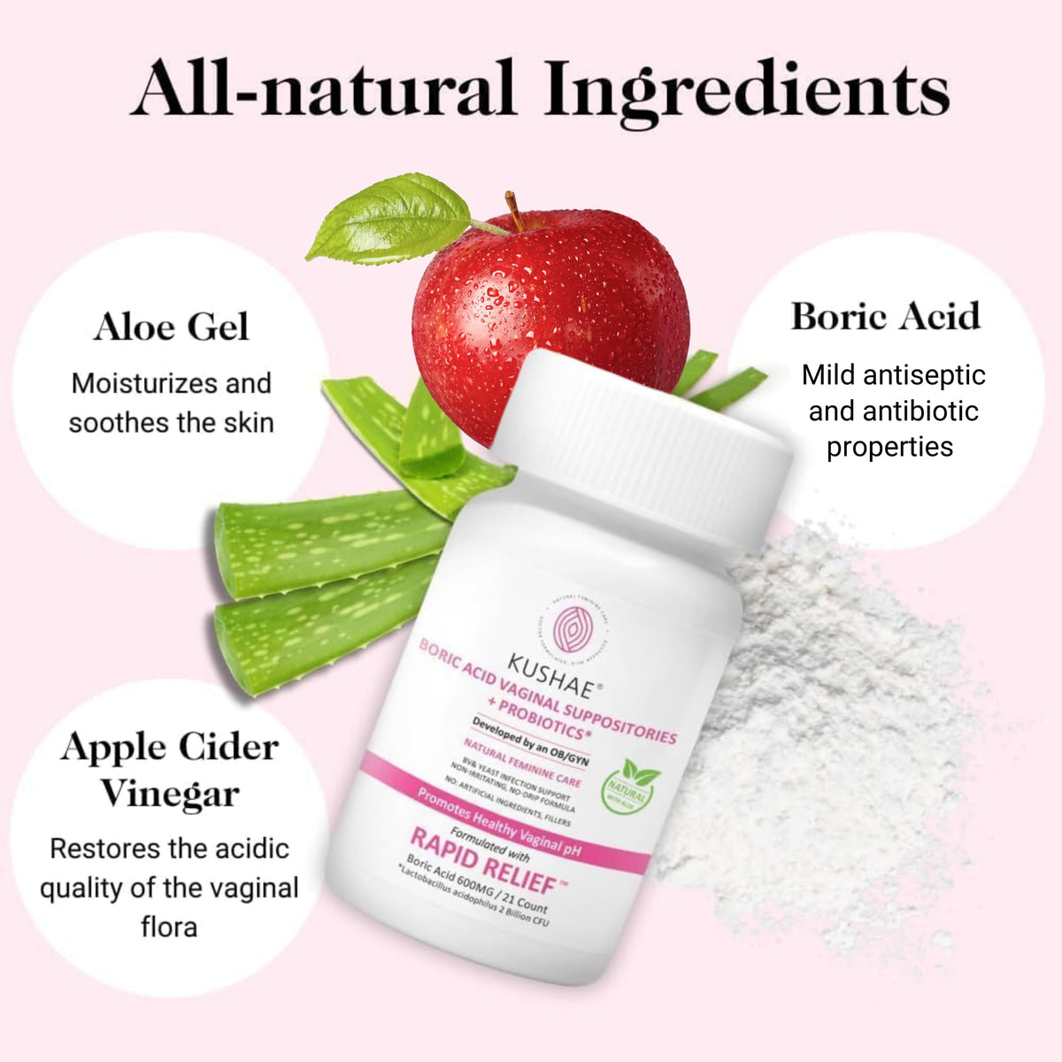 Kushae Boric Acid Suppositories + Rapid Relief, All Natural Female Suppositories with Probiotics & Aloe Vera, Relieves Discomfort & Balances pH Level Bottle Only 21 Capsules KushaeBuy Supplements Australia