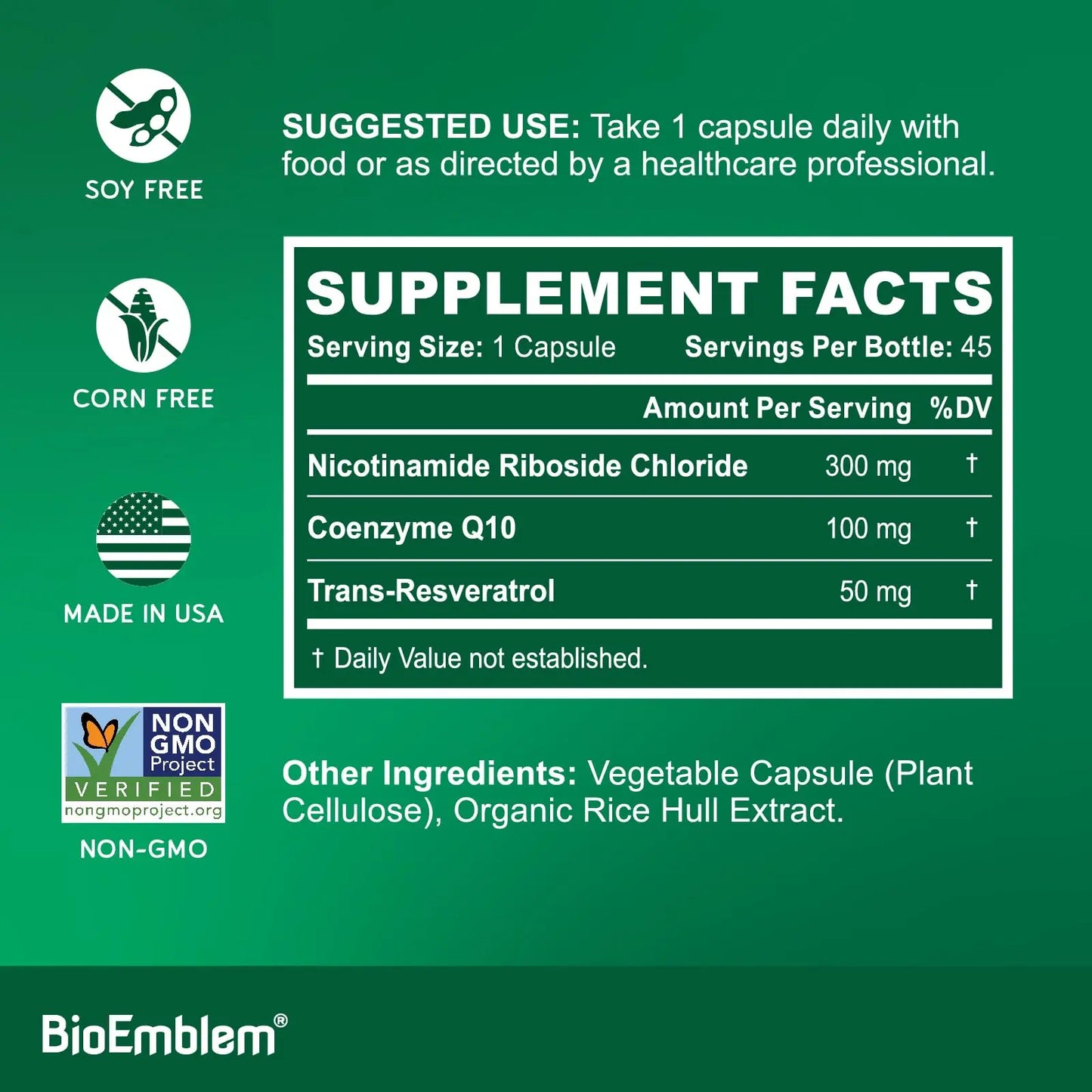 BioEmblem NAD+ Supplement | 300 mg Nicotinamide Riboside with CoQ10 & Resveratrol | Supports Healthy Aging, Cellular Energy and Cognitive Function | Non-GMO, Gluten Free - 45 Capsules BioEmblemBuy Supplements Australia