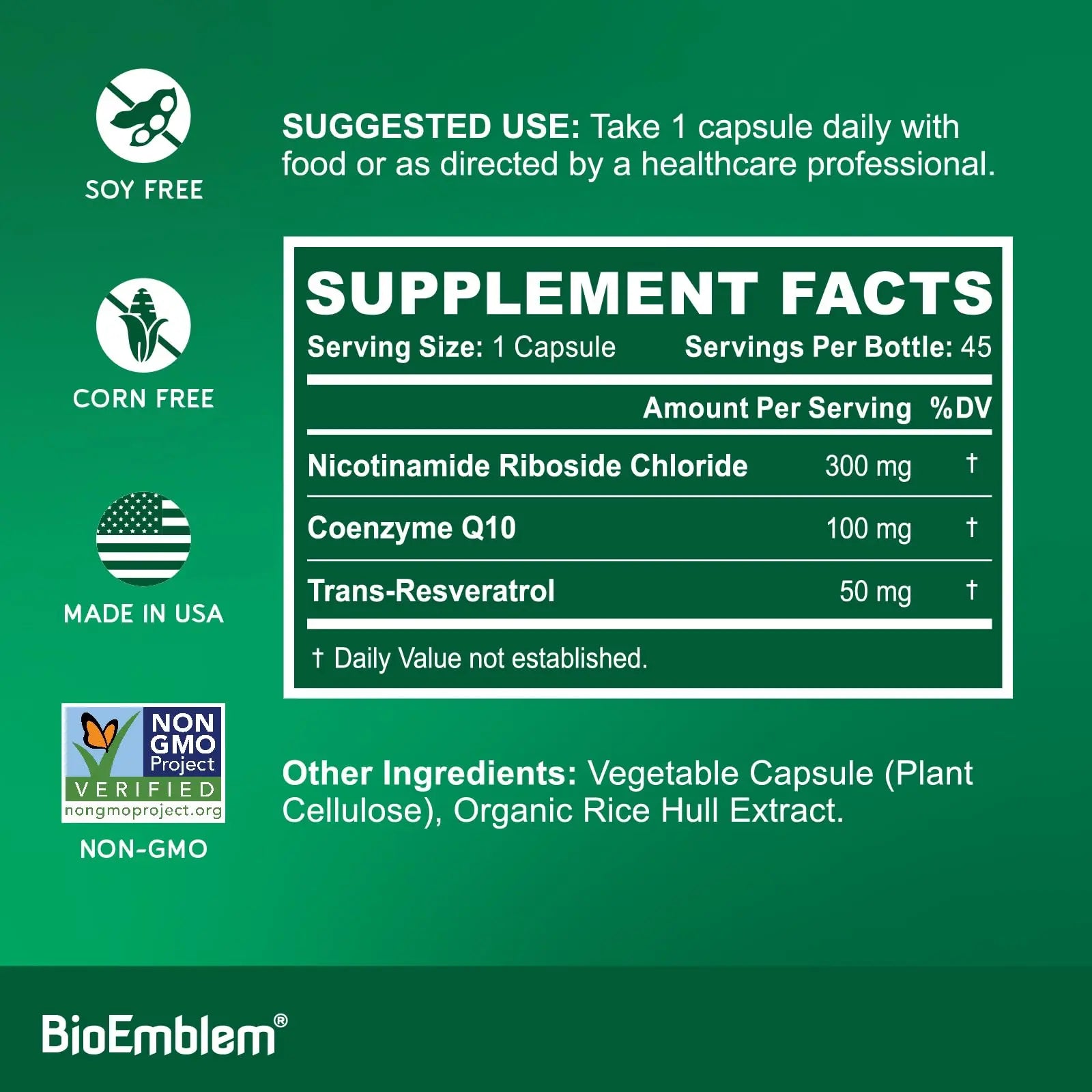 BioEmblem NAD+ Supplement | 300 mg Nicotinamide Riboside with CoQ10 & Resveratrol | Supports Healthy Aging, Cellular Energy and Cognitive Function | Non-GMO, Gluten Free - 45 Capsules BioEmblemBuy Supplements Australia