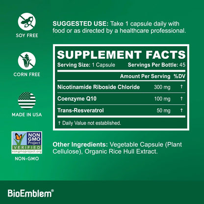 BioEmblem NAD+ Supplement | 300 mg Nicotinamide Riboside with CoQ10 & Resveratrol | Supports Healthy Aging, Cellular Energy and Cognitive Function | Non-GMO, Gluten Free - 45 Capsules BioEmblemBuy Supplements Australia