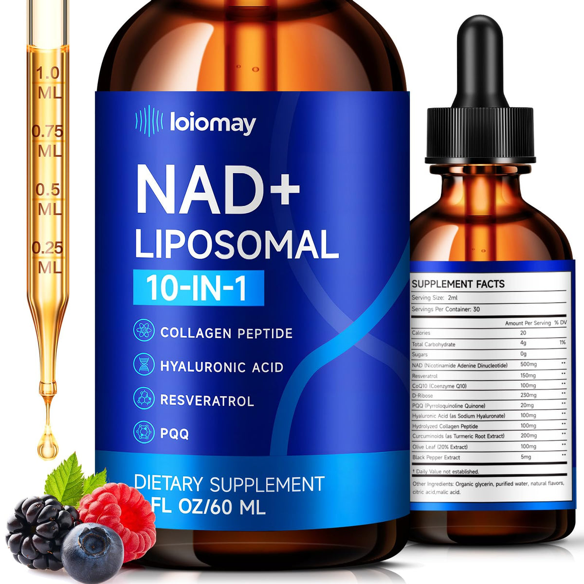NAD+ LIPOSOMAL dietary supplement bottle with dropper and berries on a white background