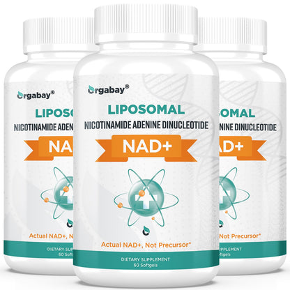 Three bottles of Orgabay LIPOSOMAL NAD+ dietary supplements on a white background