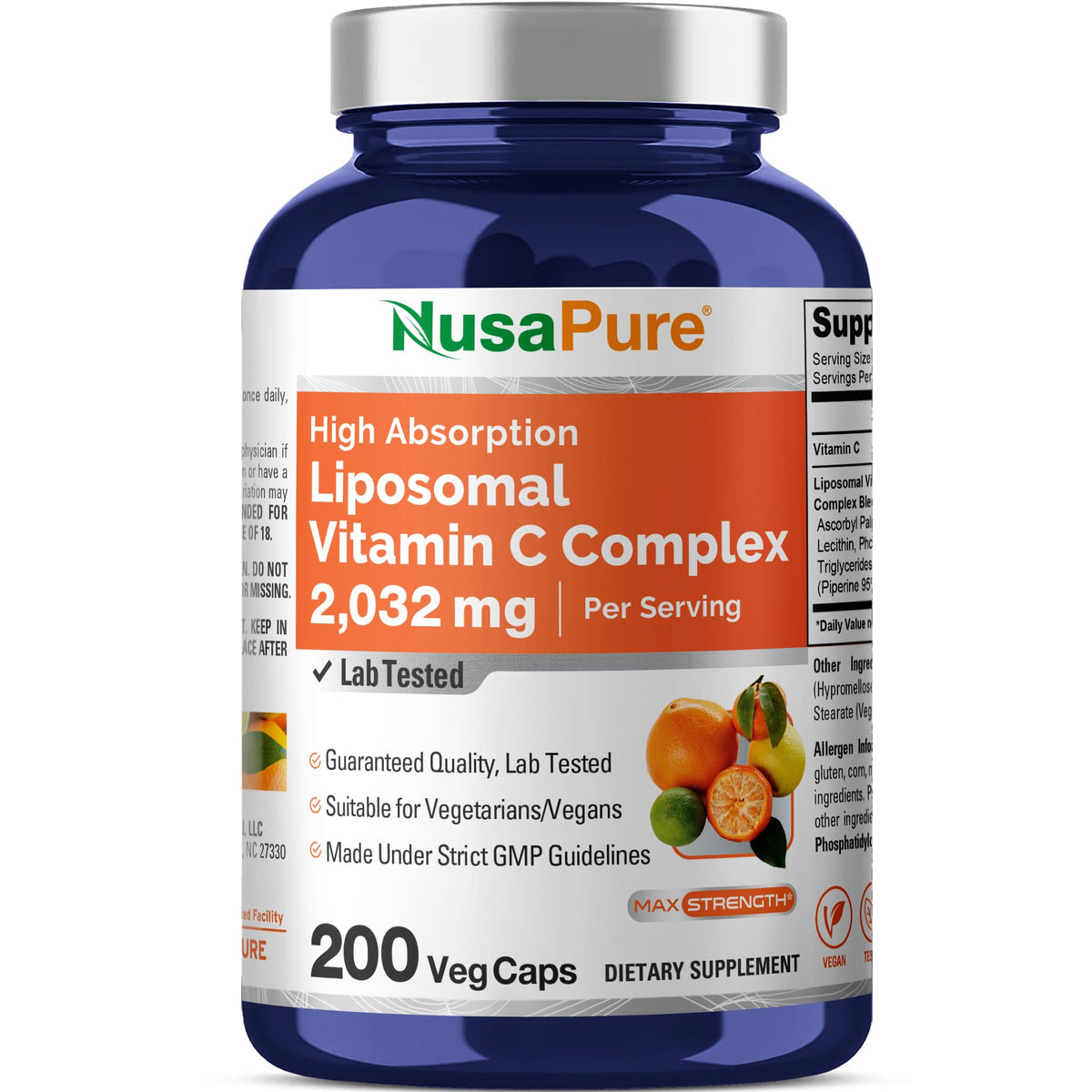 NusaPure Liposomal Vitamin C 2032mg - 200 Veggie Vegan Capsules, BioPerine - High Absorption Ascorbic Acid NusaPureBuy Supplements Australia