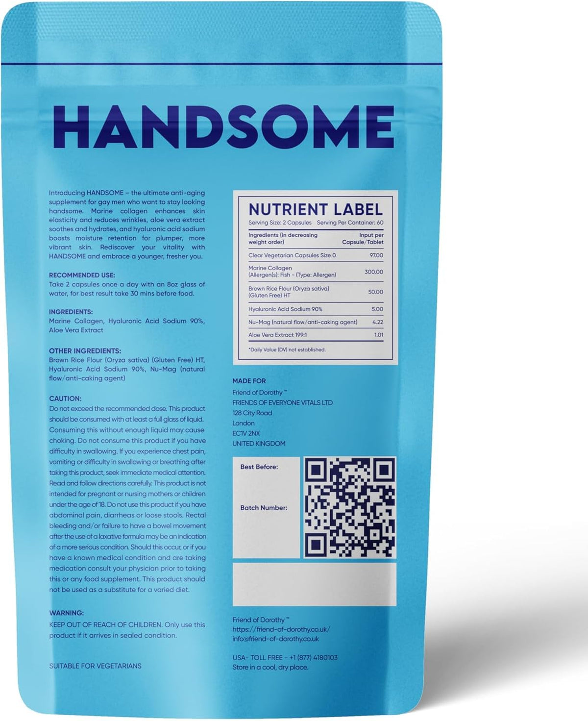 FRIEND OF DOROTHY, Handsome, Marine Collagen Tablets Enhanced with Aloe Vera, Hydrolyzed Collagen Supplements for Men, 60 Capsules per Pouch FRIEND OF DOROTHY buy supplements Au