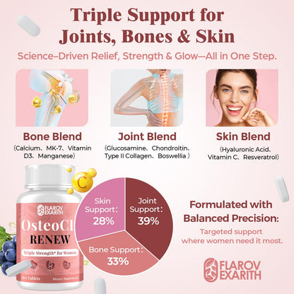 Joint Supplements for Women OsteoCII Renew Triple Strength – Advanced Joint, Bone & Skin Formula – Collagen, Glucosamine, Chondroitin, Calcium, MK-7, Vitamin D3, Hyaluronic Acid, 180 Tablets FlarovexarithBuy Supplements Australia