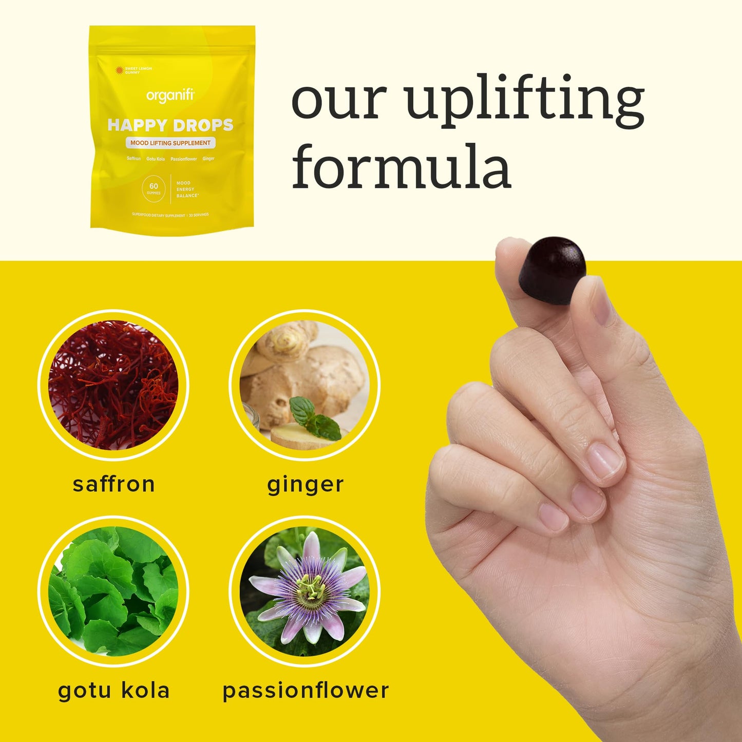 Organifi Happy Drops - Daily Superfood Happy Gummies for Adults - Mood Support Supplement for Balance, Bliss, Energy and Taking the Edge Off - Sweet Lemon Flavor - 60 Gummies Organifi buy supplements Au