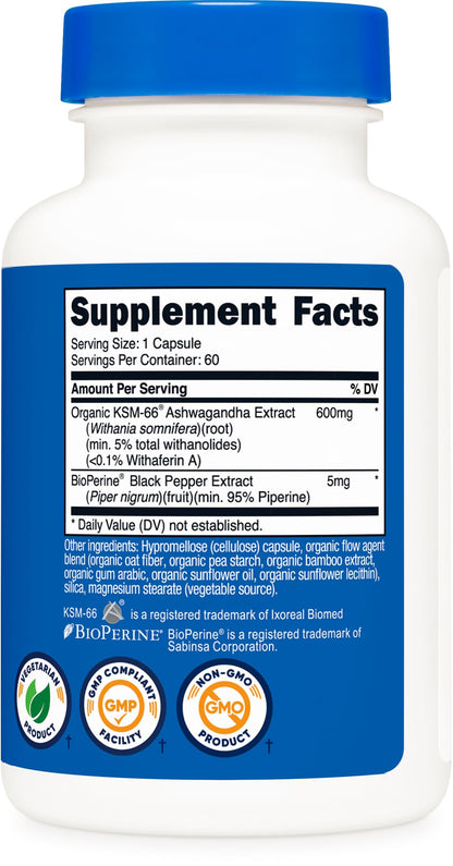 Nutricost KSM-66 Ashwagandha Root Extract 600mg, 60 Veggie Caps - 5% Withanolides - with BioPerine - Full-Spectrum Root Extract NutricostBuy Supplements Australia