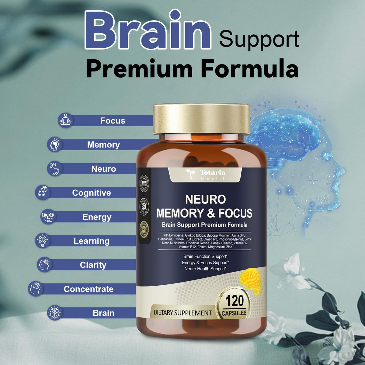 Totaria C-ognitive with Caffeine Pills, L-Tyrosine, Alpha GPC, Ginkgo Biloba, Bacopa Monnieri Brain Supplement for Memory and Focus, Brain Nootropic Support - Non-GMO, Gluten Free (2 Packs) TotariaBuy Supplements Australia
