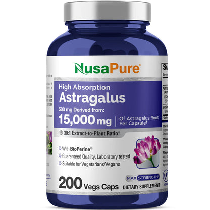 NusaPure Astragalus Root 30:1 Extract, 500 mg Equivalent to 15,000 mg 200 Veg Caps Suitable for Vegetarians and Vegans, Non-GMO NusaPureBuy Supplements Australia