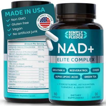 NAD+ Elite Complex – Direct NAD+ 300 mg with Urolithin A, Resveratrol, CoQ10 & Antioxidant Blend – Cellular Energy, Mitochondrial Support & Healthy Aging – Vegan, Non-GMO, 60 Capsules (30 Servings) Simply Nature's PledgeBuy Supplements Australia
