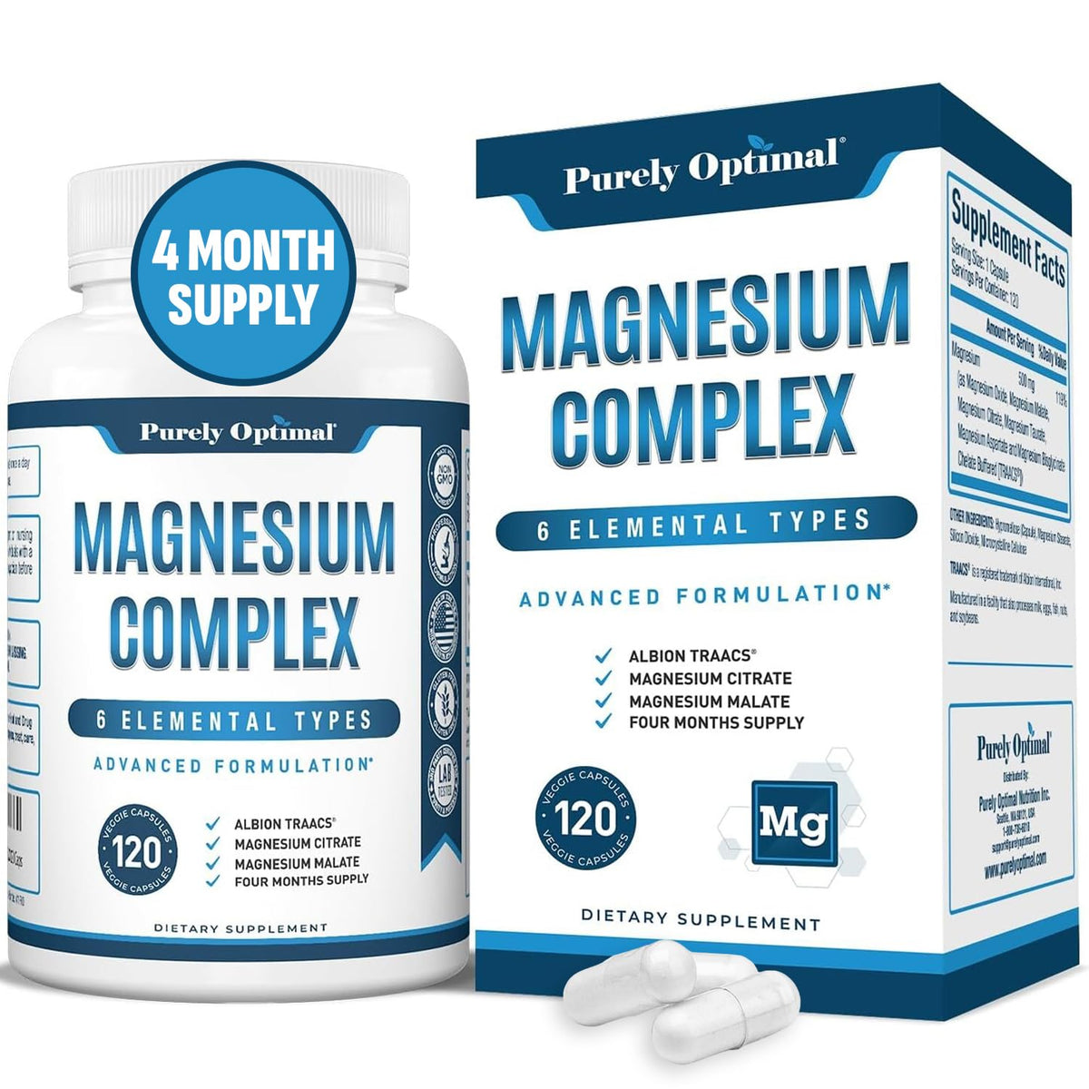 Purely Optimal Magnesium Complex - 6 Forms Magnesium Glycinate, Citrate & Malate - Sleep Support, Stress Relief, Muscles, Heart Health & Relaxation