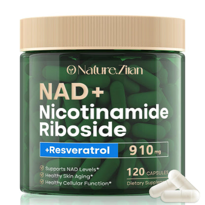 Supplement jar labeled 'NAD+ Nicotinamide Riboside + Resveratrol' by Nature.Zian on a white background.