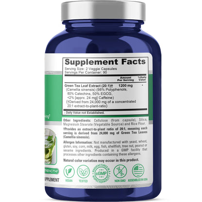 NusaPure Green Tea 20:1 Extract, 1200 mg Equivalent to 24000mg, 180 Vegan Capsules, 50% EGCG, 98% Polyphenols, 80% Catechins NusaPureBuy Supplements Australia
