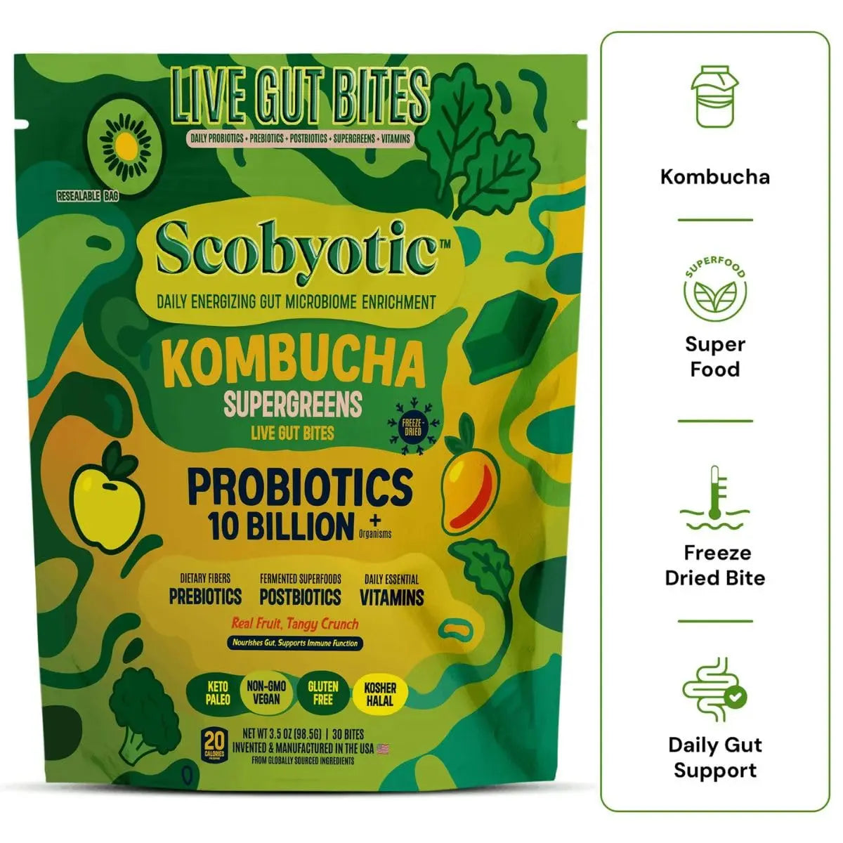 Scobyotic® Kombucha Supergreens Live Gut Bites – 10 Billion CFU Probiotics + Prebiotics & Postbiotics – Kombucha & Supergreens – Freeze-Dried Probiotic Supplement ScobyoticBuy Supplements Australia