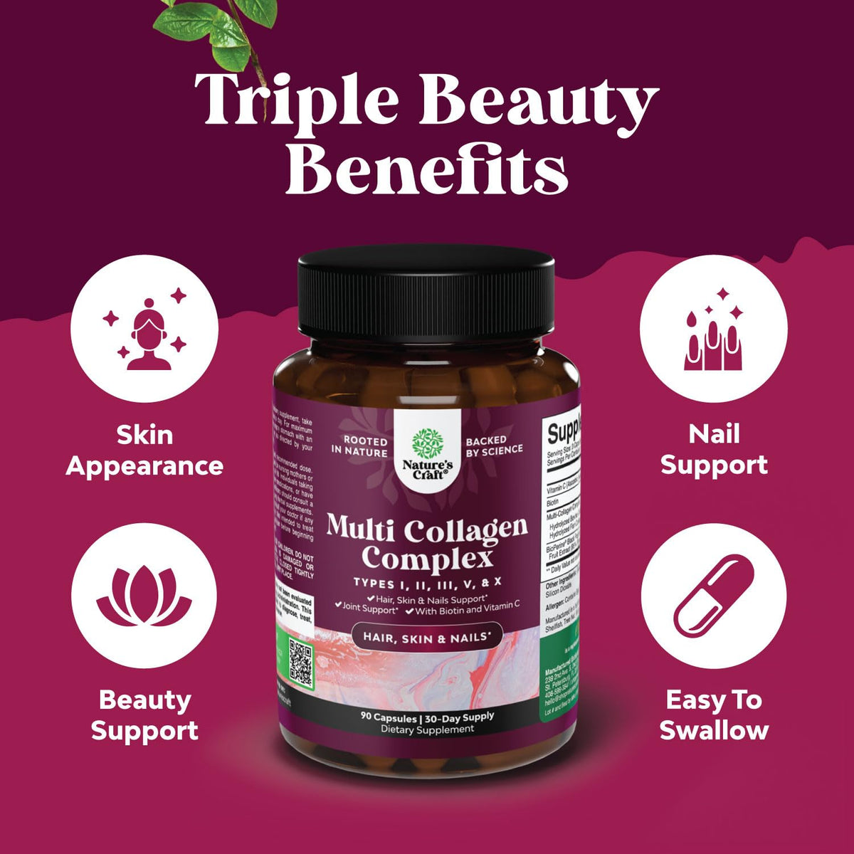 Advanced Multi Collagen Complex - Ageless Multi Collagen Peptides Supplements with Type 1 2 3 5 & X & Biotin for Hair, Skin and Nails Vitamins - Biotin Supplements for Women & Men - 90 Count Natures CraftBuy Supplements Australia