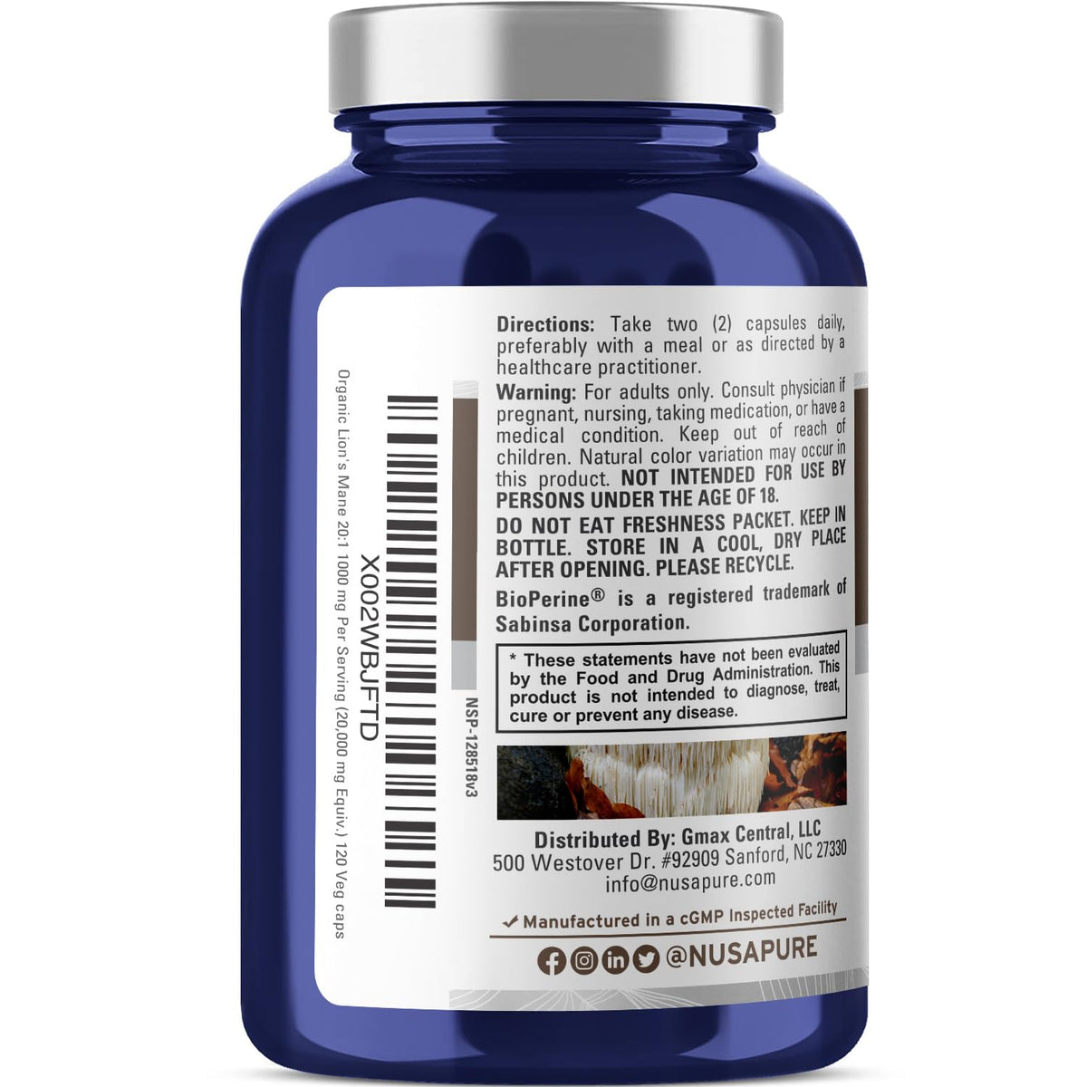 NusaPure Lions Mane 20:1 Extract (20,000 mg Equivalent) - Made with Organic Lion`s Mane, Bioperine - 30% Polysaccharides - 120 Veggie Caps. Non-GMO, Gluten Free NusaPureBuy Supplements Australia