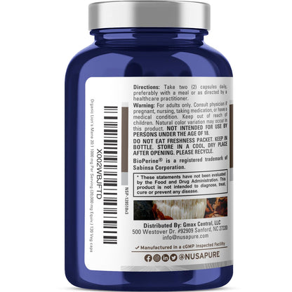 NusaPure Lions Mane 20:1 Extract (20,000 mg Equivalent) - Made with Organic Lion`s Mane, Bioperine - 30% Polysaccharides - 120 Veggie Caps. Non-GMO, Gluten Free NusaPureBuy Supplements Australia