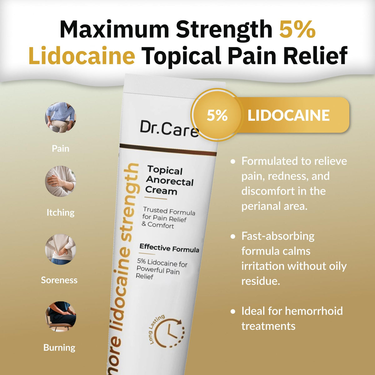 Dr Care Anorectal Cream with 5% Lidocaine - Maximum Strength Topical Anesthetic for Hemorrhoid Relief, Itching, & Burning (1.0 oz) Dr CareBuy Supplements Australia