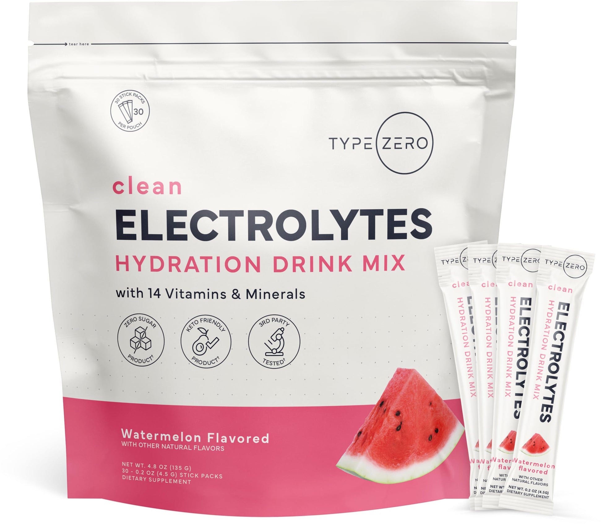 Type Zero Sugar Free Electrolytes Powder Packets + Clean Hydration Powder Stick Packs with 14 Vitamins and Minerals - Watermelon Flavor, 30 Servings Type ZeroBuy Supplements Australia