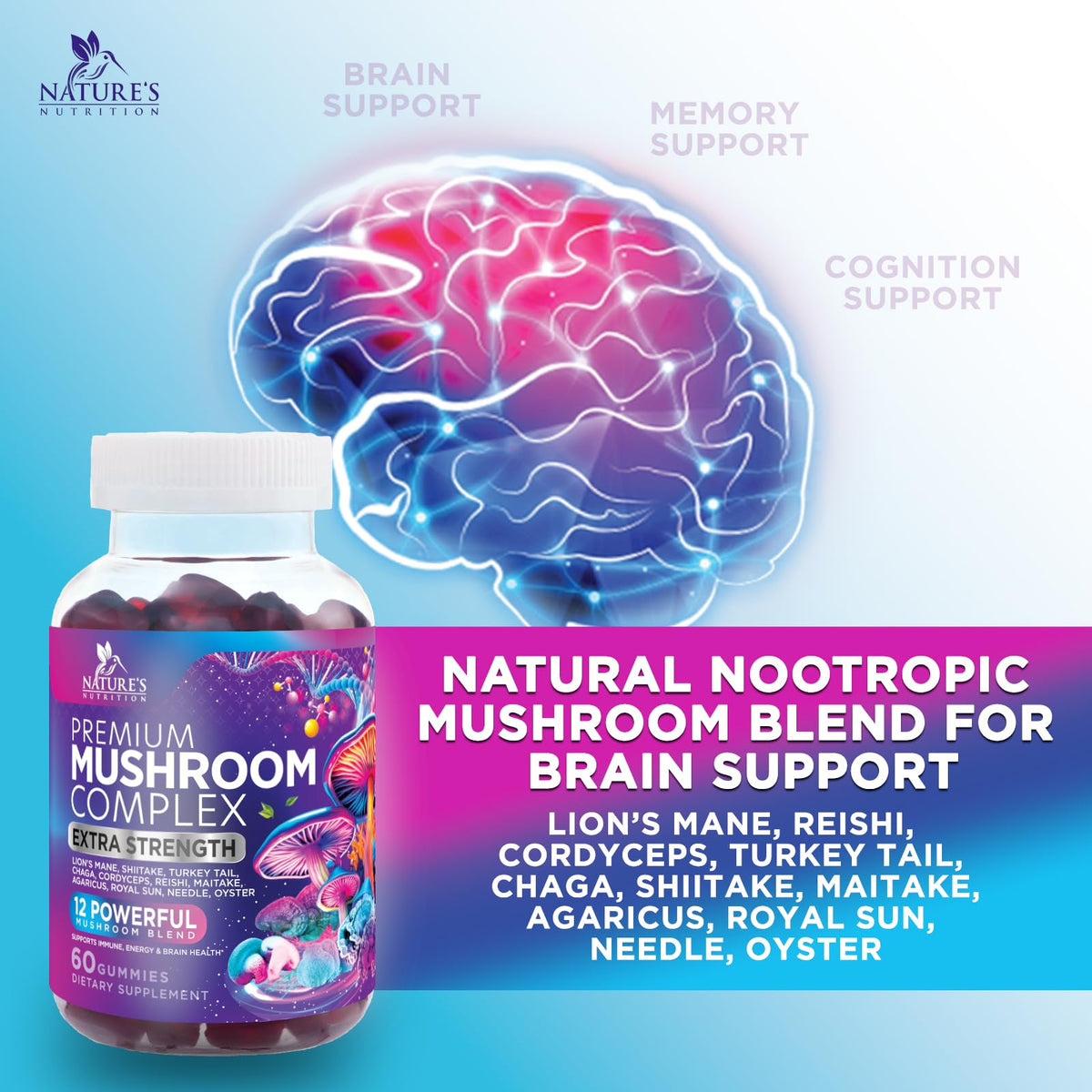 Mushroom Gummies Supplement 12 in 1 - High Grade Blend for Adults with Lions Mane, Reishi, Cordyceps, & Chaga Mushroom Complex Gummy, Memory & Immune Support & Nootropic Brain Supplements - 60 Gummies Nature's NutritionBuy Supplements Australia