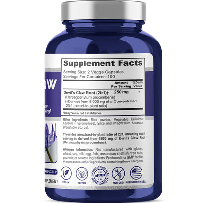 NusaPure Devil's Claw 20:1 Extract, 250 mg Equivalent to 5000mg, 200 Veggie Capsules, Concentrated Root Extract, Devils Claw Herbal Supplement, Non-GMO, Vegan Supplement NusaPureBuy Supplements Australia