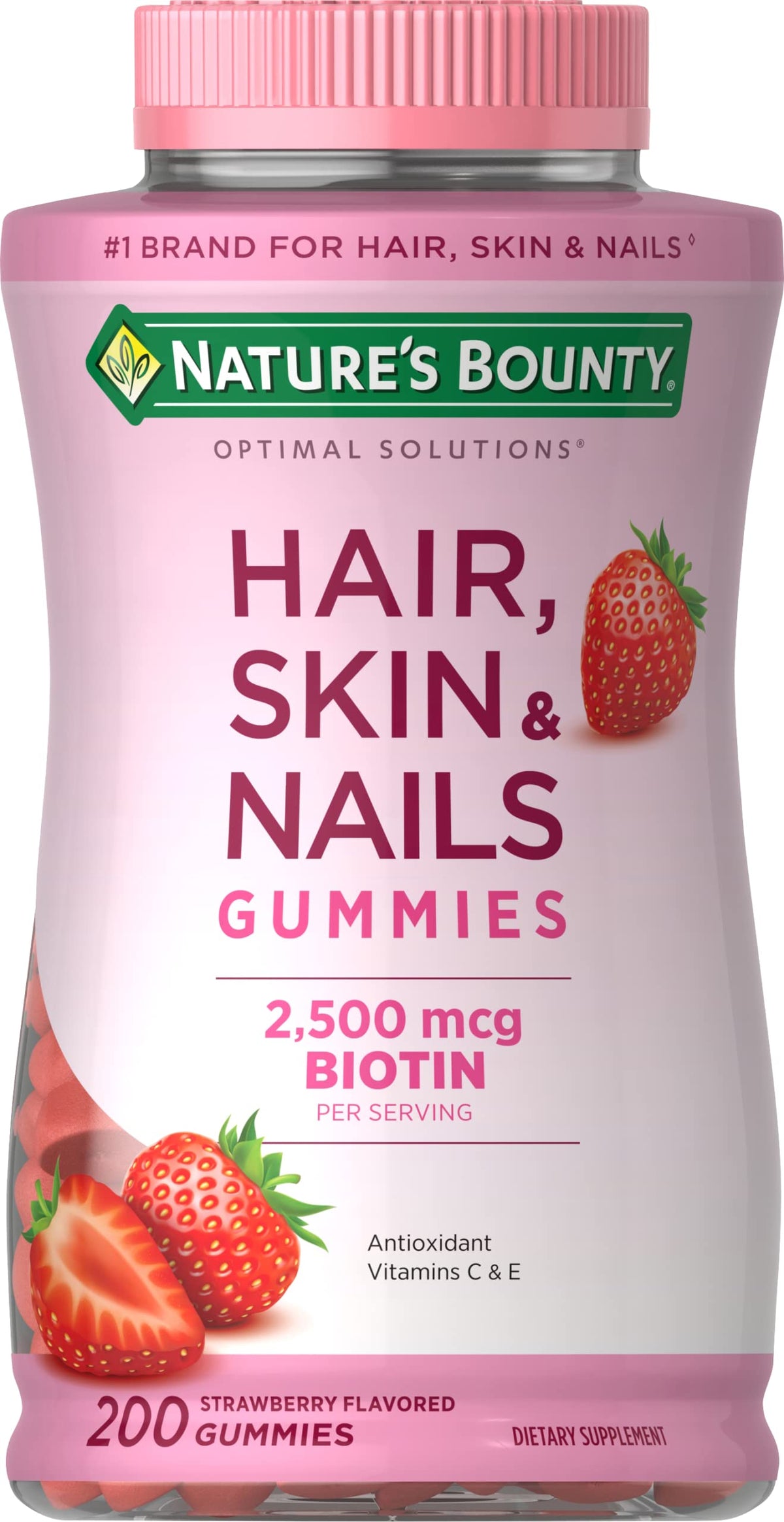 Nature's Bounty Optimal Solutions Hair, Skin and Nails Gummies with Biotin, 2500 mcg, Strawberry Flavored, 200 Count, 100 Total Servings Nature's BountyBuy Supplements Australia