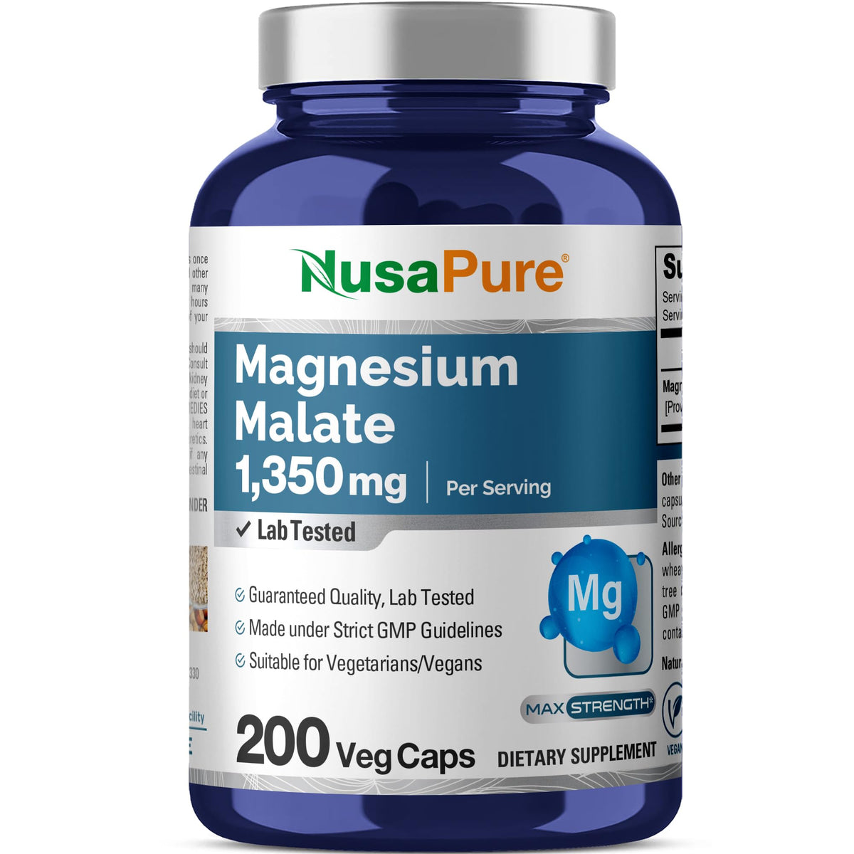 NusaPure Magnesium Malate 1350mg 200 Veggie Capsules (Vegan, Non-GMO, Vegan) NusaPureBuy Supplements Australia