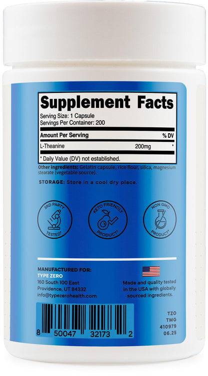 Type Zero L-Theanine (200mg) 200 Capsules - Clean L-Theanine Supplement, Keto, GMO-Free Type ZeroBuy Supplements Australia