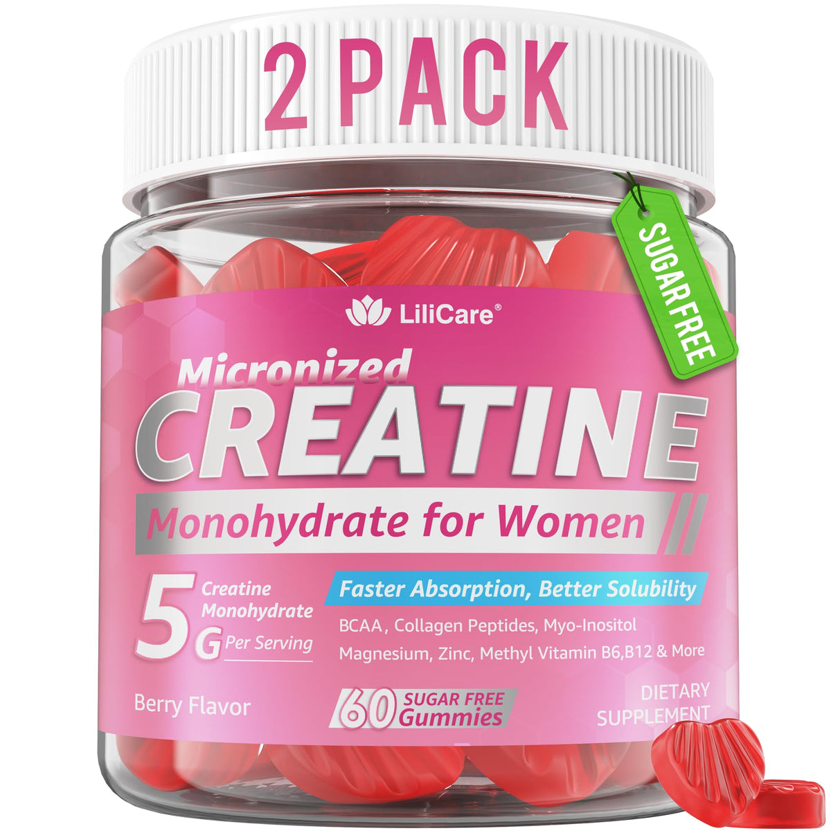 Creatine for Women Gummies, Micronized Creatine Monohydrate + Myo-Inositol, Collagen Peptides, BCAAs, Hyaluronic Acid, Vitamin B6 B12, Zinc for Enërgy, Föcus, Hörmonal Balance, Sugar Free, 120 Counts LILICAREBuy Supplements Australia