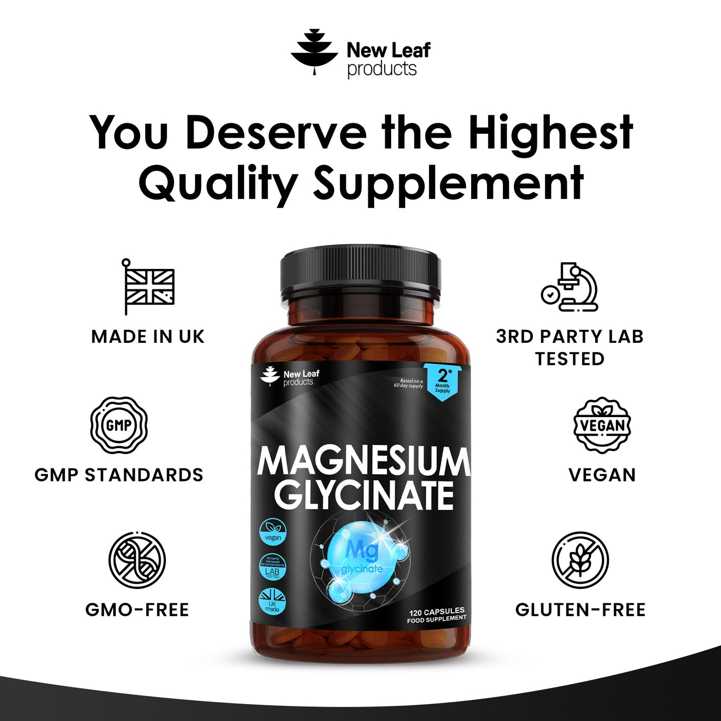 Magnesium Glycinate Supplements - 1040mg of Magnesium - 120 High Strength Capsules NEW LEAF PRODUCTSBuy Supplements Australia