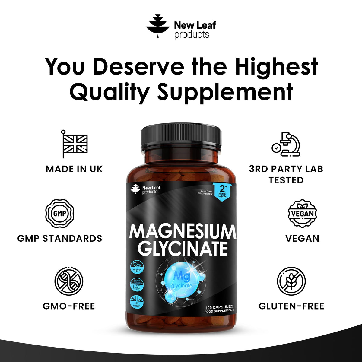 Magnesium Glycinate Supplements - 1040mg of Magnesium - 120 High Strength Capsules NEW LEAF PRODUCTSBuy Supplements Australia