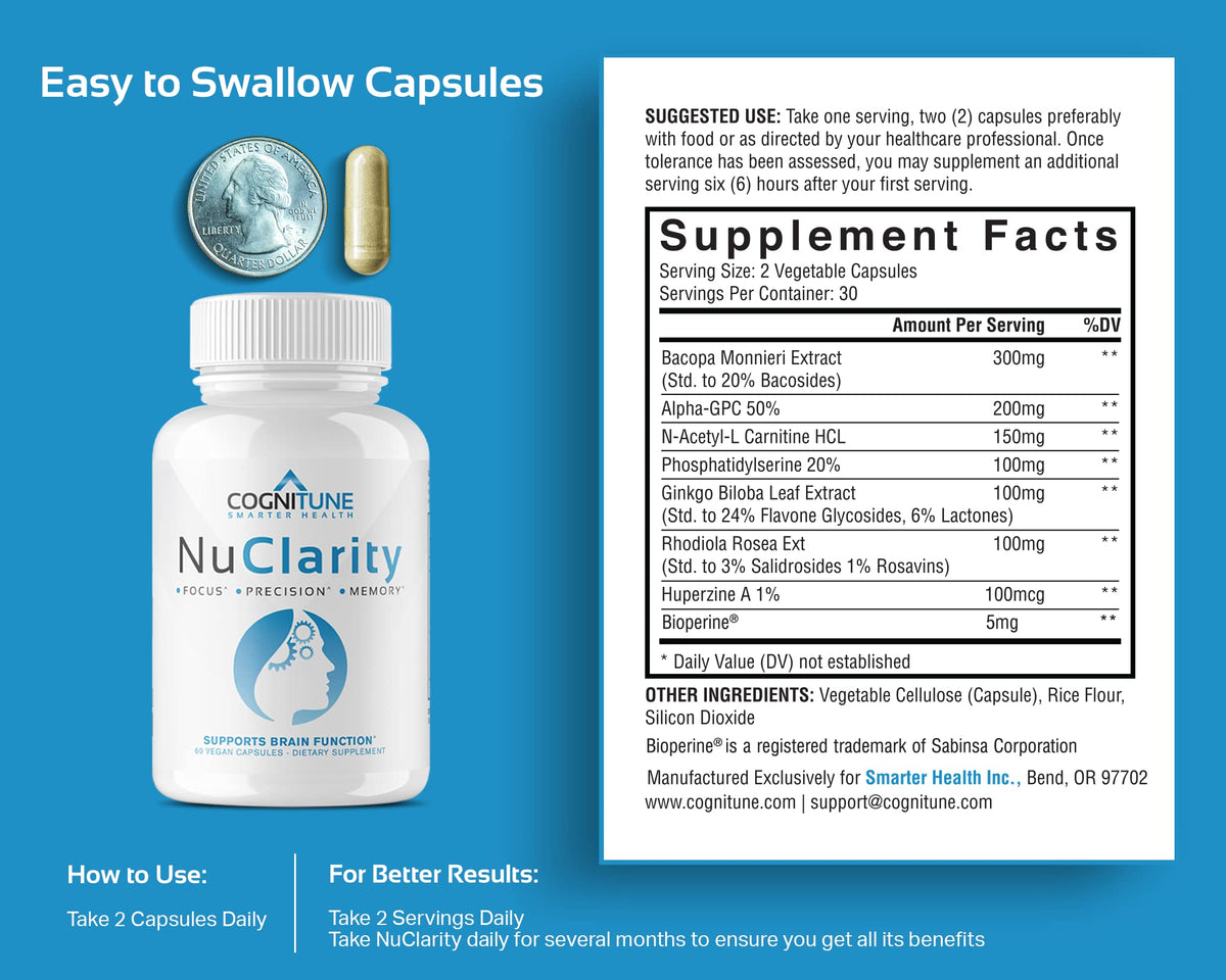 CogniTune NuClarity Brain Supplement for Memory and Focus - Caffeine-Free Nootropic for Mental Clarity Without Jitters - with Ginkgo Biloba, Bacopa Monnieri, Alpha-GPC for Cognitive Support CogniTuneBuy Supplements Australia