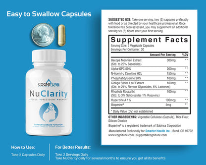CogniTune NuClarity Brain Supplement for Memory and Focus - Caffeine-Free Nootropic for Mental Clarity Without Jitters - with Ginkgo Biloba, Bacopa Monnieri, Alpha-GPC for Cognitive Support CogniTuneBuy Supplements Australia