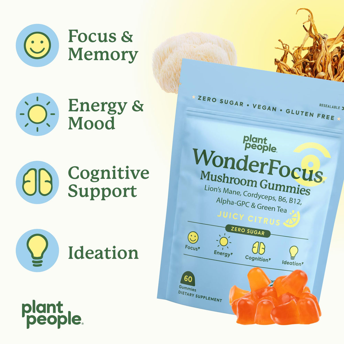 Plant People WonderFocus Mushroom Gummies with Lion’s Mane & Cordyceps - Nootropic Brain Supplement Boosts Memory, Focus, Energy & Mood in Adults | No Sugar, 100% Vegan, Citrus Flavor, 60 Count Plant PeopleBuy Supplements Australia