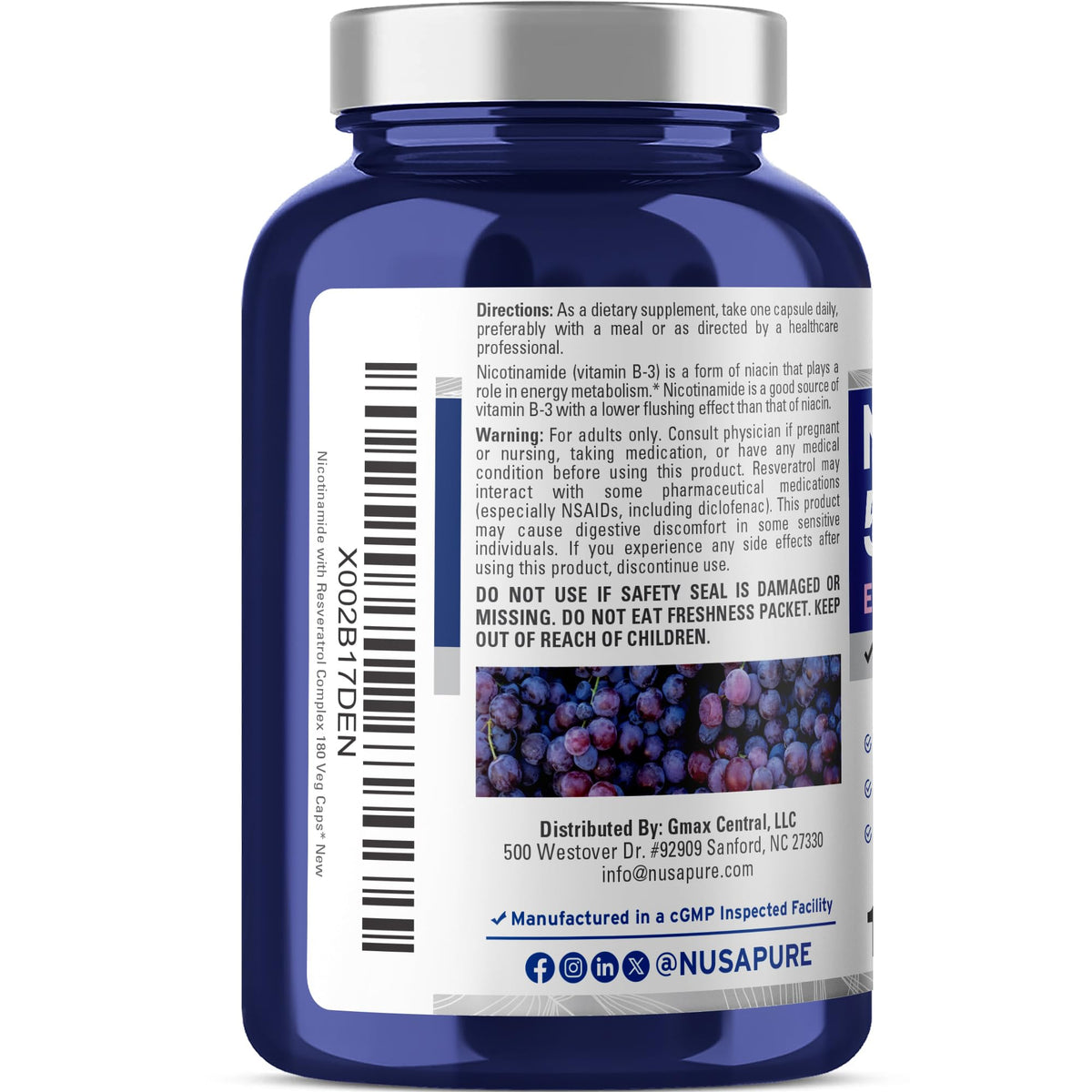 NusaPure Nicotinamide with Resveratrol (Vitamin B-3) 500 mg - 180 Vegetarian Caps (Non-GMO & Vegan) NusaPureBuy Supplements Australia