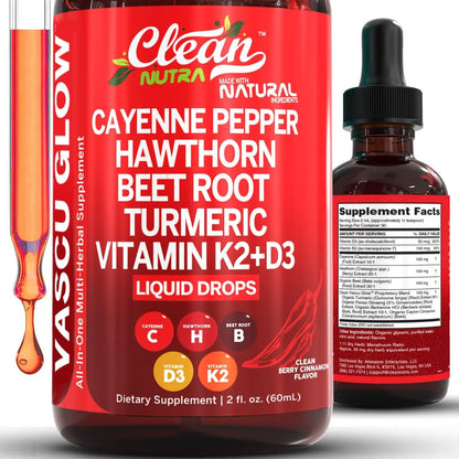 Clean Nutra Cayenne Pepper Drops Supplement Liquid + Hawthorn Berry, Vitamin D3 K2 Beet Root Powder, Ceylon Cinnamon, Turmeric Curcumin Clean Nutraceuticals canada supplements