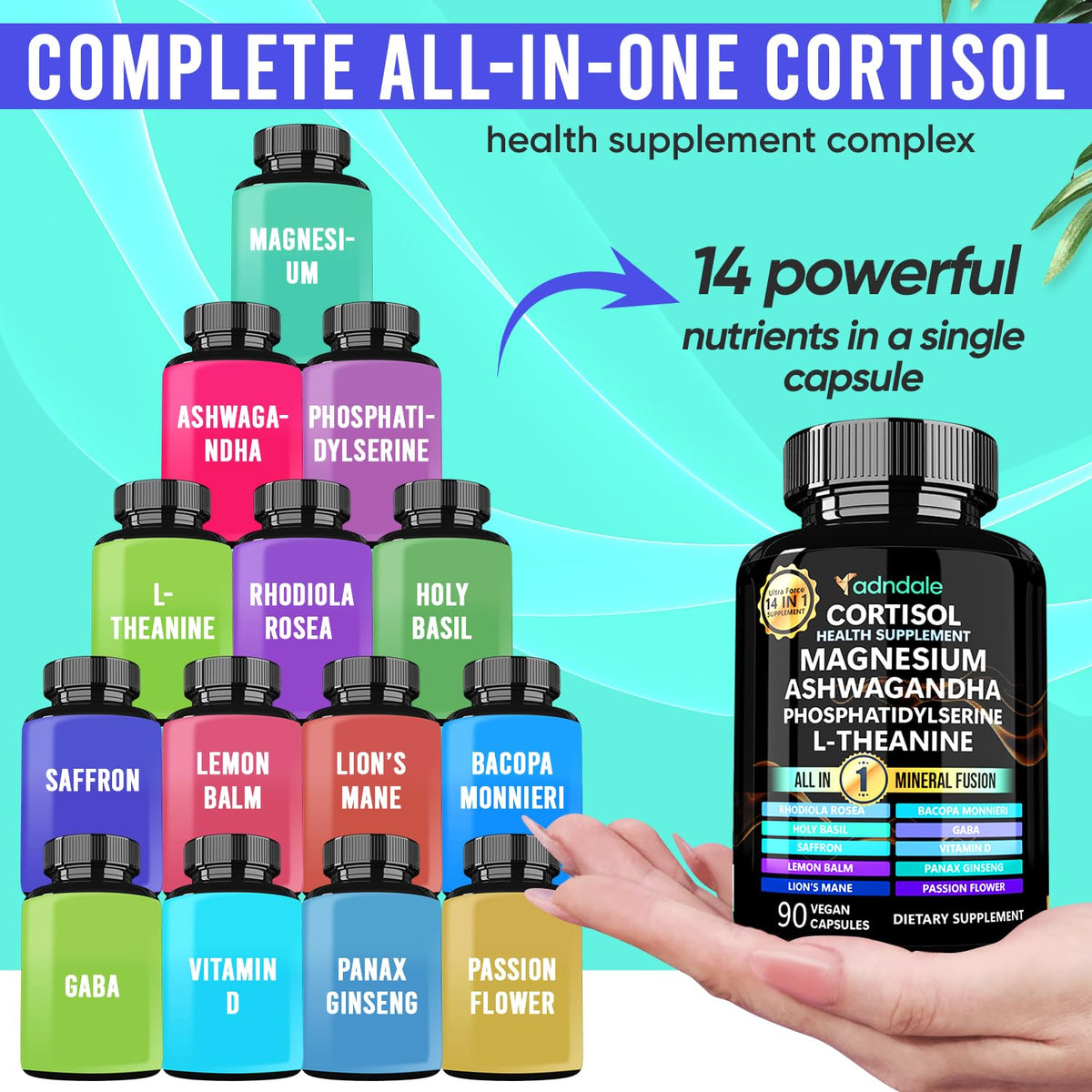 Adndale Cortisol Supplements for Women. Cortisol Reducer 14-in-1 Ashwagandha Supplement with Magnesium Glycinate, L-Theanine & More. 90 Capsules. AdndaleBuy Supplements Australia