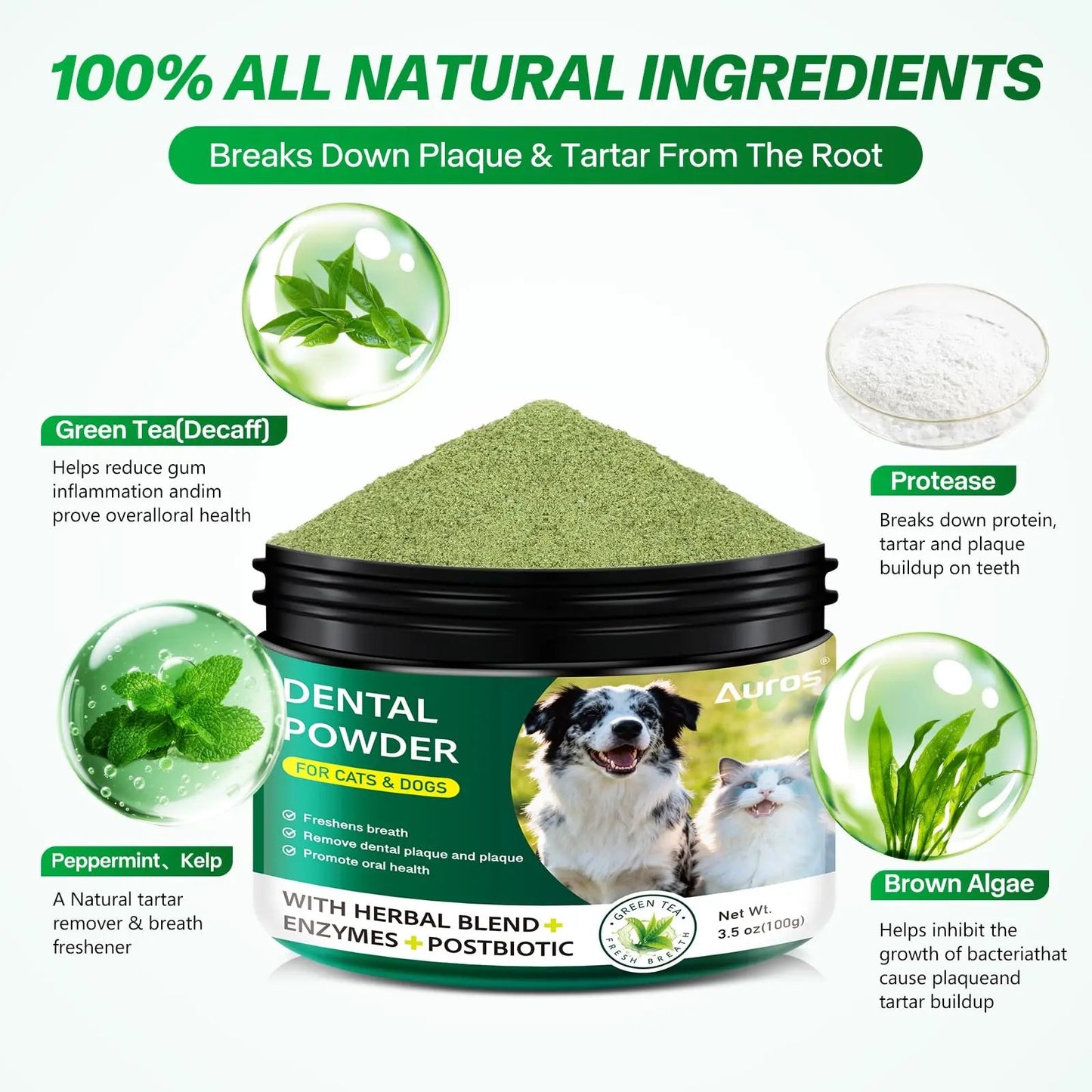 Dog Dental Powder for Teeth Cleaning Plaque & Bad Breath Off, Dental Powder for Dogs Teeth with Natural Herbal Blend & Postbiotics, Dog Teeth Cleaning Powder with Enzymes for Dogs & Cats (3.5oz) AUROSBuy Supplements Australia