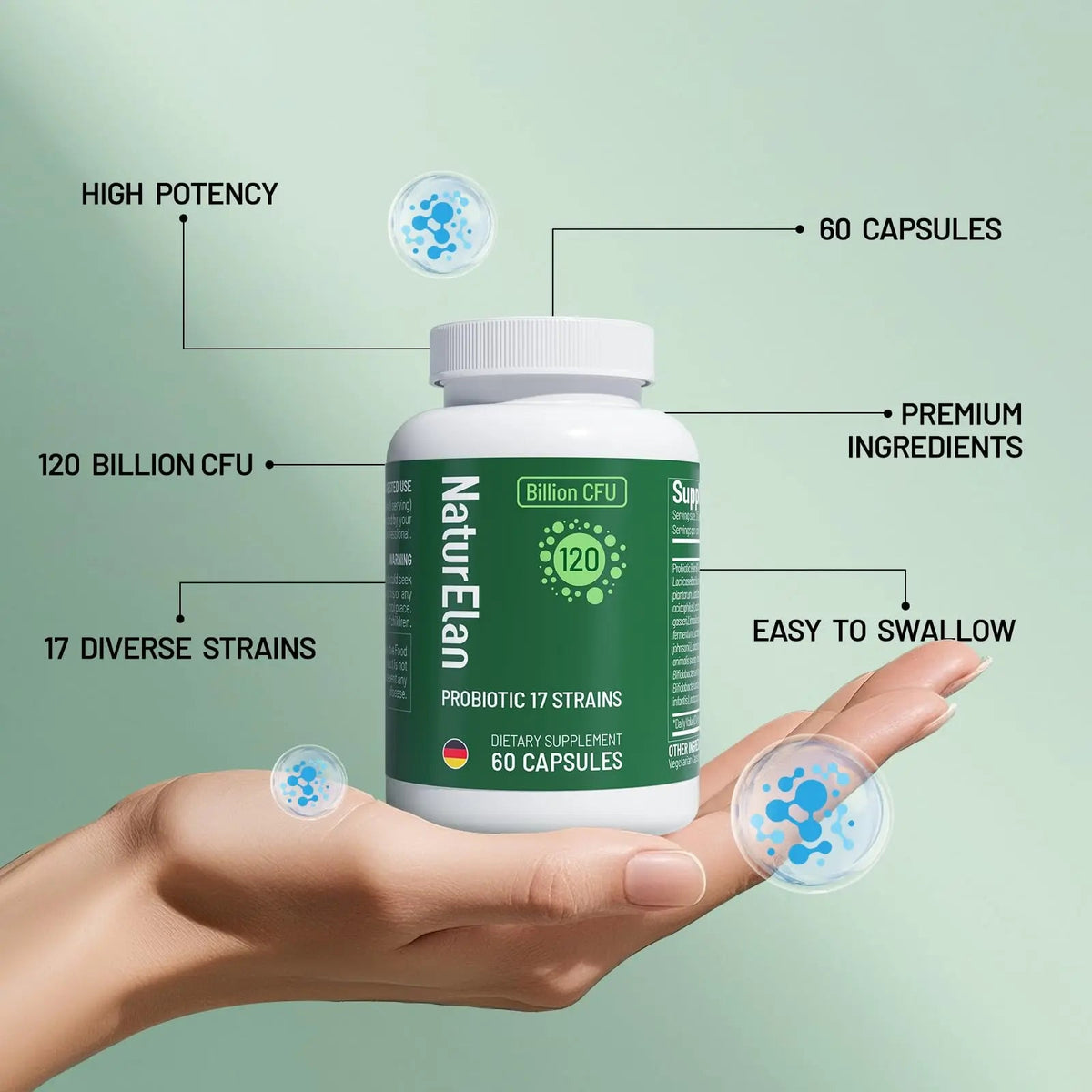Probiotics for Women & Men - 120 Billion CFU, 17 Powerful Strains for Gut Health, Immunity & Fast Bloating Relief, Third - Party Tested, Non-GMO & Vegan Probiotics Formula for Digestive Health, 60 CT NaturElanBuy Supplements Australia