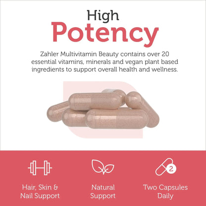 Zahler Multivitamin Beauty + Skin Hair and Nails Support, Multivitamin for Women and Men with Iron, Certified Kosher, 60 Capsules Zahler