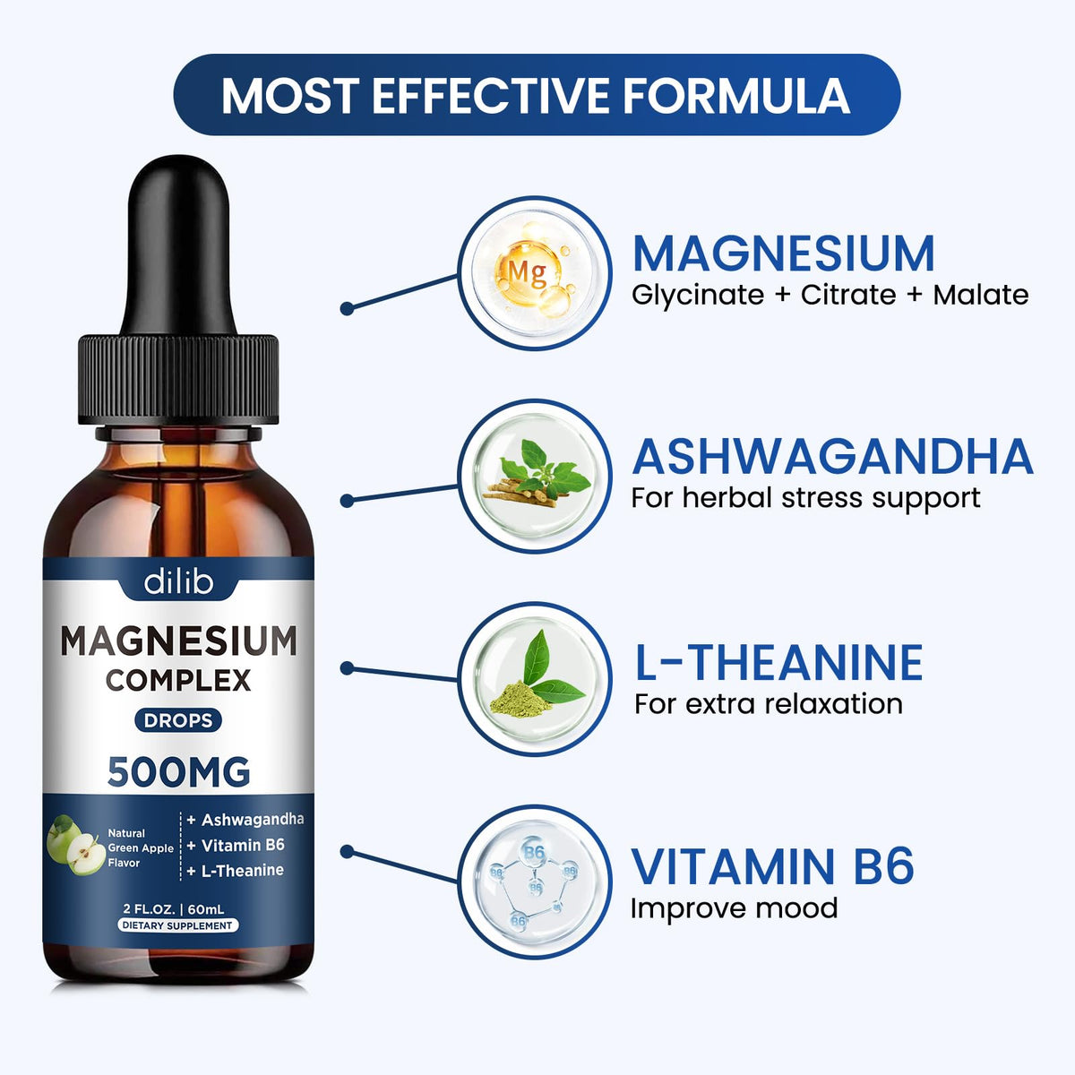 Triple Magnesium Complex Supplement-Magnesium Glycinate, Citrate, Malate Liquid Drops 500mg with Ashwagandha, L-Theanine, B6 for Calm, Stress Relief, Sleep, Muscle Support-Green Apple Flavor dilibBuy Supplements Australia