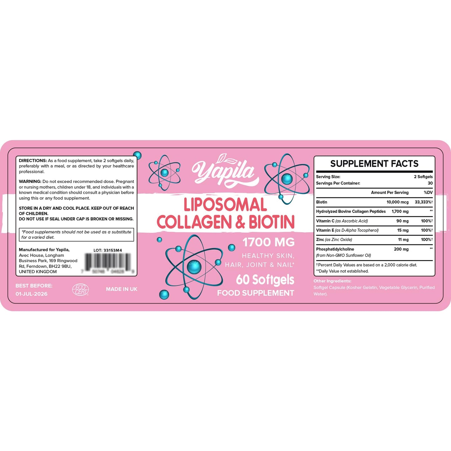 Liposomal Collagen Biotin Capsules, Hydrolyzed Bovine Collagen Peptides 1700 mg, Types 1 & 3 Protein YapilaBuy Supplements Australia