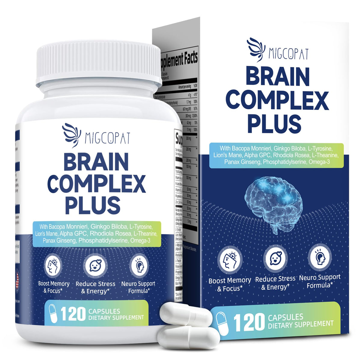 Brain Supplements for Memory & Focus - Nootropic with Bacopa Monnieri, Lion's Mane, Alpha GPC, Phosphatidylserine | Supports Mental Clarity & Cognitive Function | Vitamin B6 & B12-120 Capsules MigcopatBuy Supplements Australia