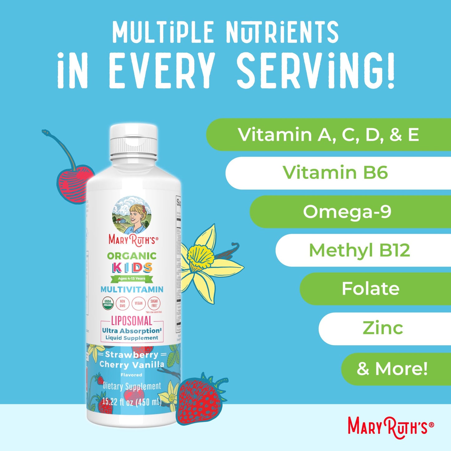 MaryRuth Organics Kids Multivitamin Liposomal | Vegan, Sugar-Free Vitamins for Kids | Ages 4+ | 2 Month Supply | 15.22 Fl Oz MARYRUTH'SBuy Supplements Australia