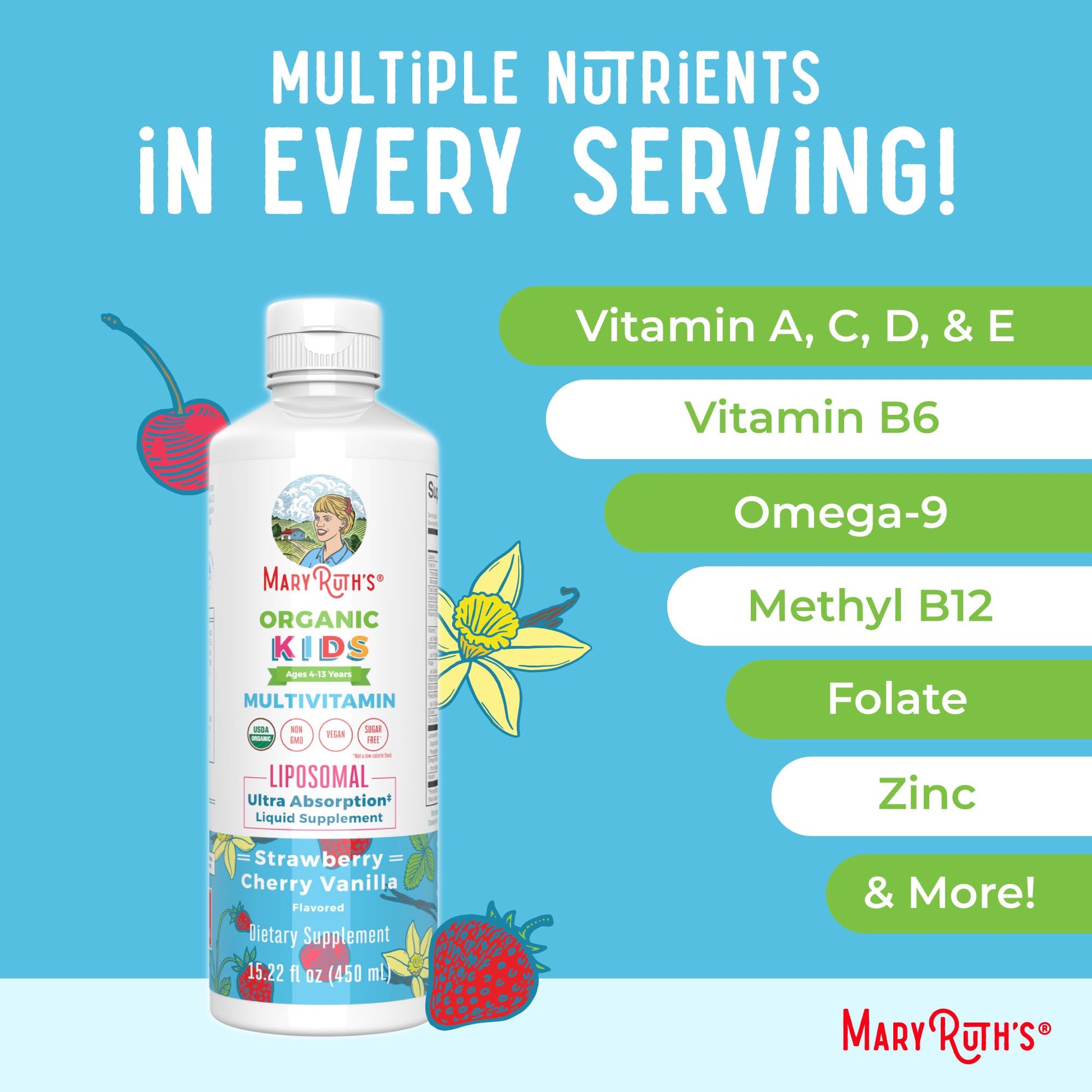 MaryRuth Organics Kids Multivitamin Liposomal | Vegan, Sugar-Free Vitamins for Kids | Ages 4+ | 2 Month Supply | 15.22 Fl Oz MARYRUTH'SBuy Supplements Australia