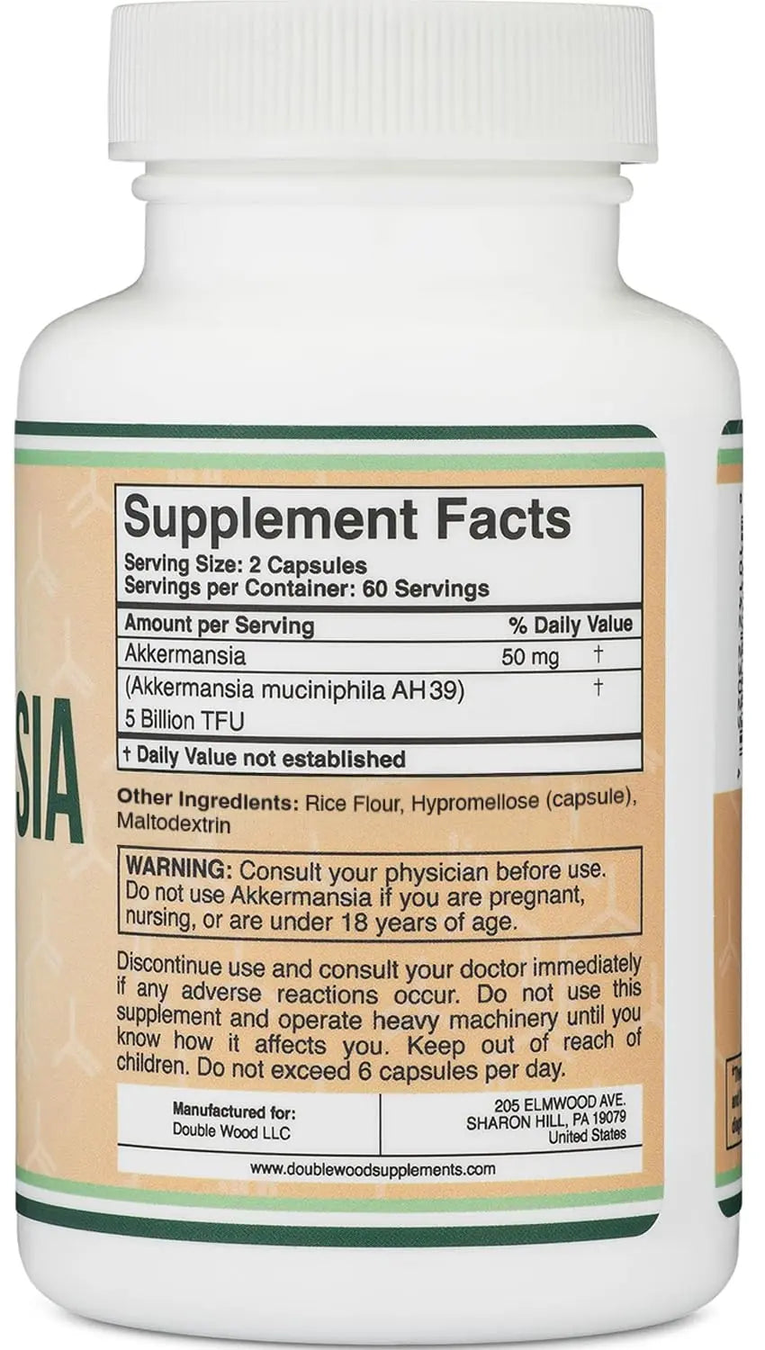 Akkermansia Probiotic and Postbiotic (Increases GLP-1 Production) 120 Capsules, 50mg per Serving (Third Party Tested to 5 Billion TFU per Serving, 50 Billion CFU per Gram) by Double Wood Double Wood SupplementsBuy Supplements Australia