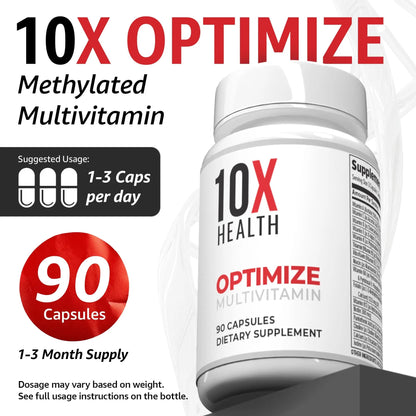 10X Health Optimize Multivitamin for Men - 90 Capsules, Methylated Multivitamin 34 in 1 Formula with 800 mcg of Vitamin B12, 5-MTHF, NAC - Methyl B Complex 10X Health SystemBuy Supplements Australia