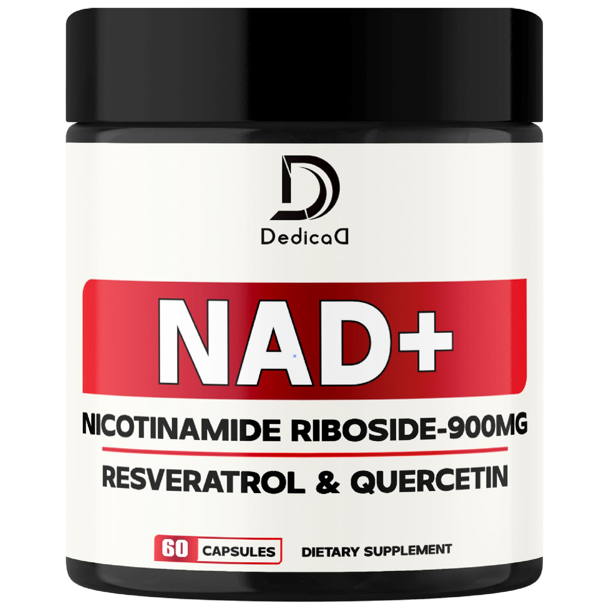 Supplement container labeled 'NAD+' with ingredients on a white background