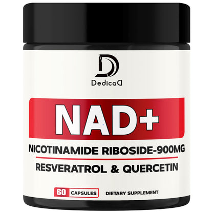 Supplement container labeled 'NAD+' with ingredients on a white background