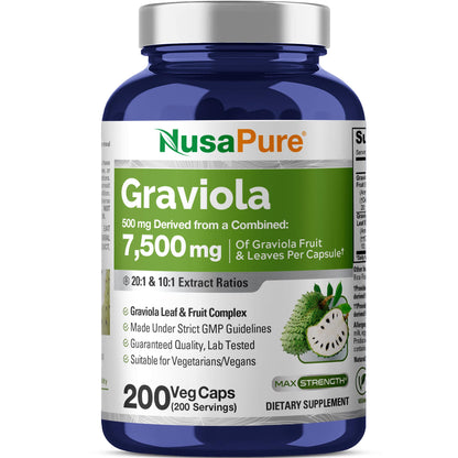 NusaPure Graviola 20:1 & 10:1 Extract - Suitable for Vegetarian/Vegan, Non- GMO - 7500 mg - 200 Capsules NusaPureBuy Supplements Australia